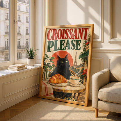 Black Cat Paris Cafe Poster, Croissant Please Vintage Wall Art, Kitchen Art Print — styling mockup 4