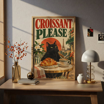 Black Cat Paris Cafe Poster, Croissant Please Vintage Wall Art, Kitchen Art Print — styling mockup 5