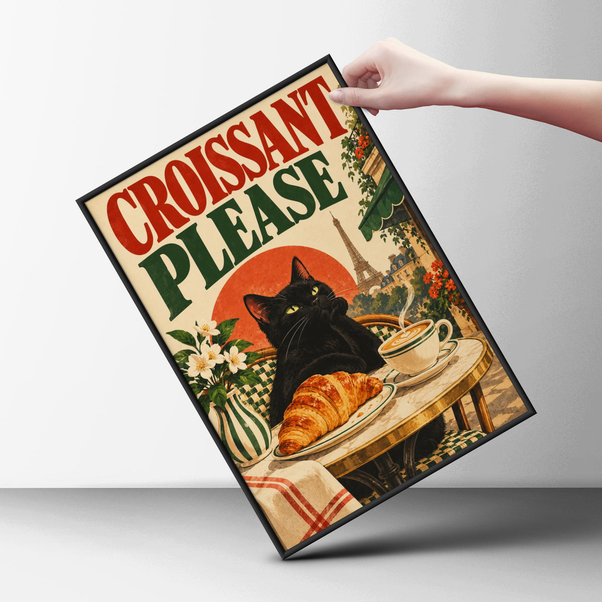 Black Cat Paris Cafe Poster, Croissant Please Vintage Wall Art, Kitchen Art Print — styling mockup 6