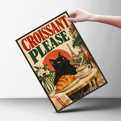 Black Cat Paris Cafe Poster, Croissant Please Vintage Wall Art, Kitchen Art Print — styling mockup 6