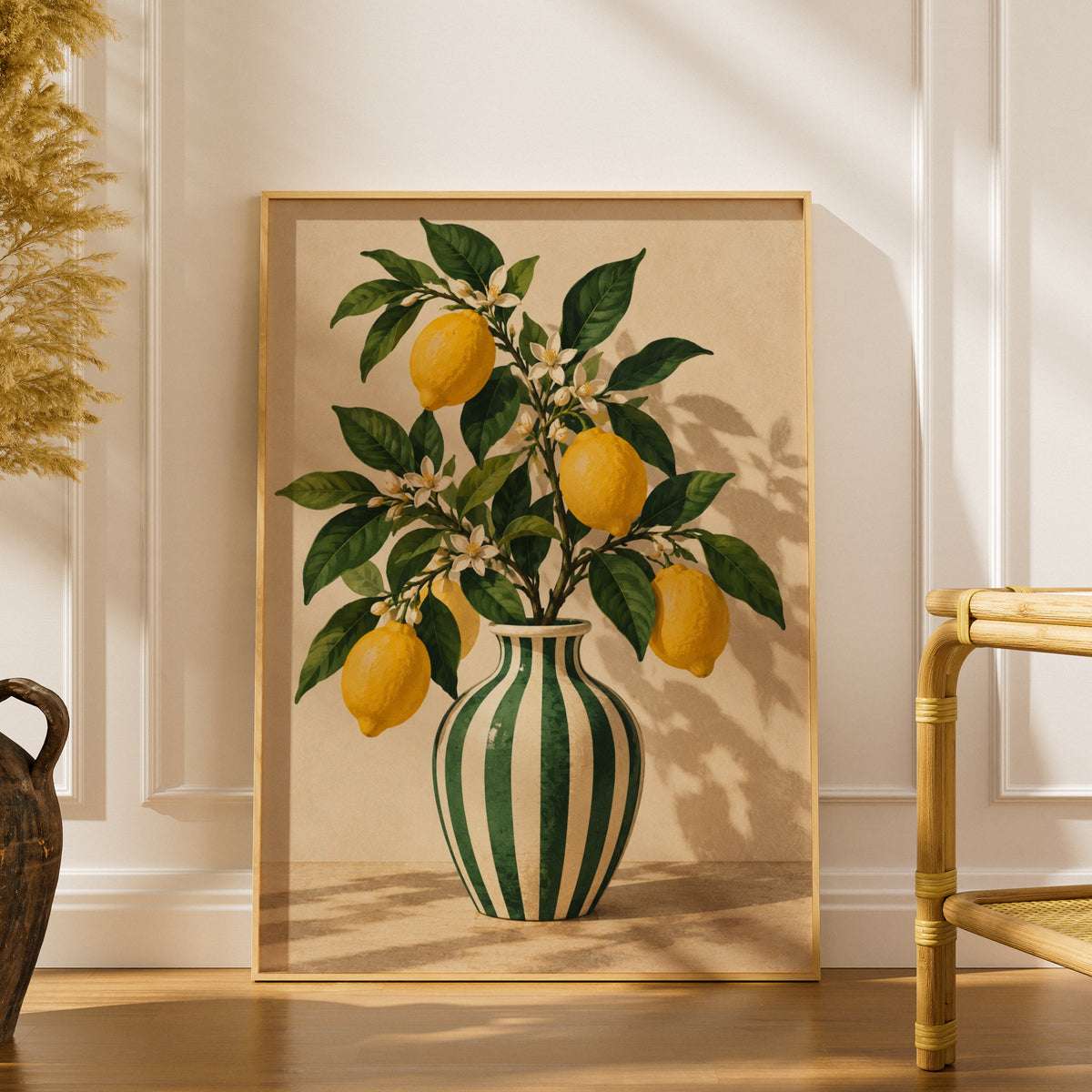 Lemon Branch in Striped Vase Poster, Botanical Wall Art, Vintage Kitchen Print, Citrus Art Print — styling mockup 1
