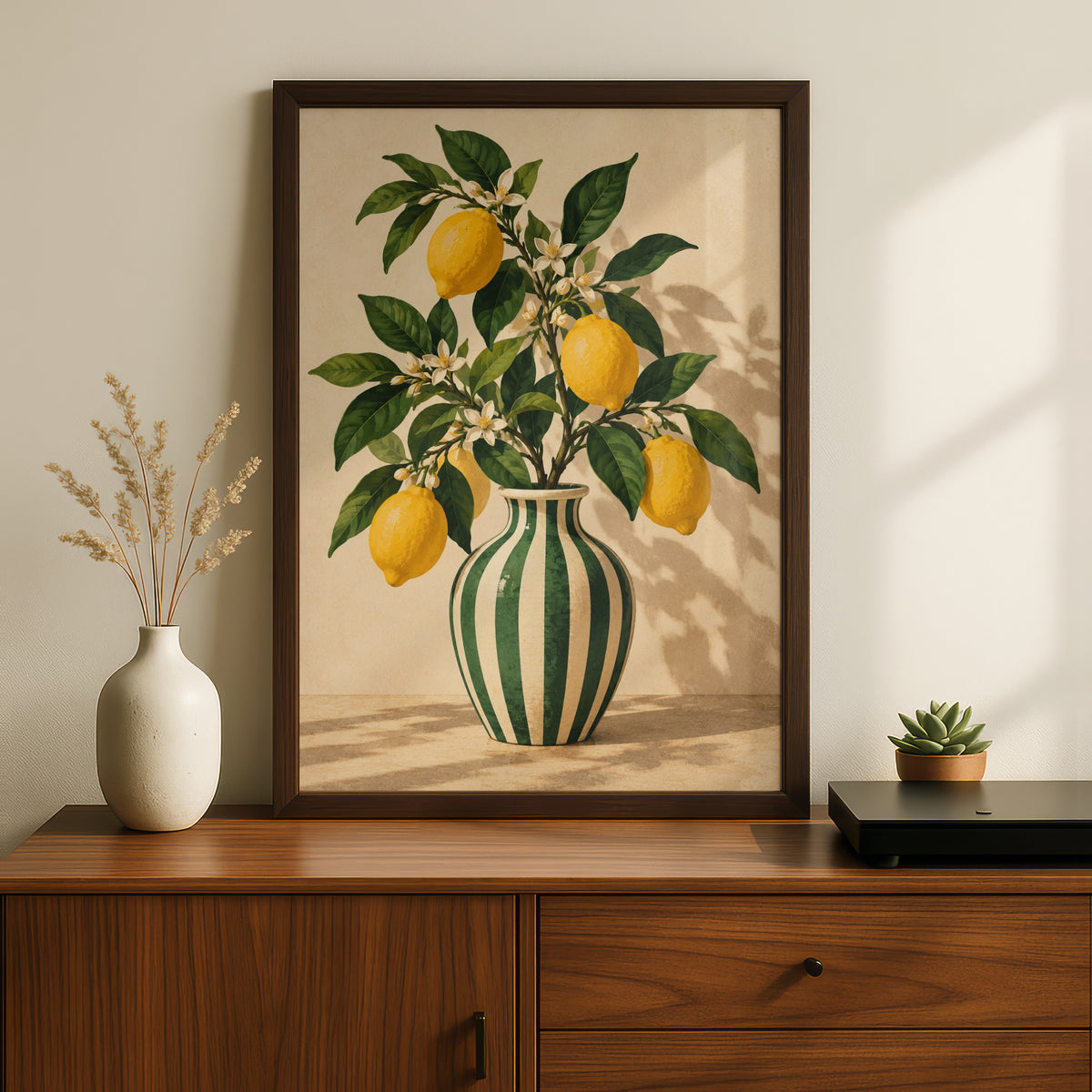 Lemon Branch in Striped Vase Poster, Botanical Wall Art, Vintage Kitchen Print, Citrus Art Print — styling mockup 2
