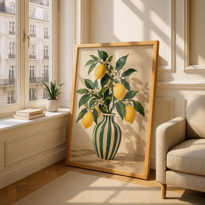 Lemon Branch in Striped Vase Poster, Botanical Wall Art, Vintage Kitchen Print, Citrus Art Print — styling mockup 4