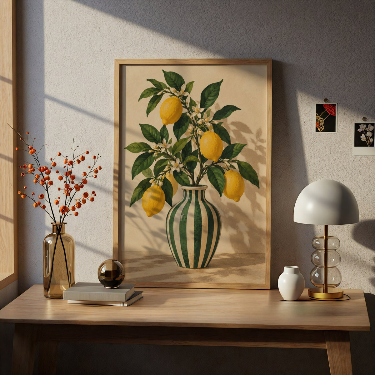 Lemon Branch in Striped Vase Poster, Botanical Wall Art, Vintage Kitchen Print, Citrus Art Print — styling mockup 5