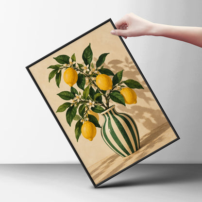 Lemon Branch in Striped Vase Poster, Botanical Wall Art, Vintage Kitchen Print, Citrus Art Print — styling mockup 6