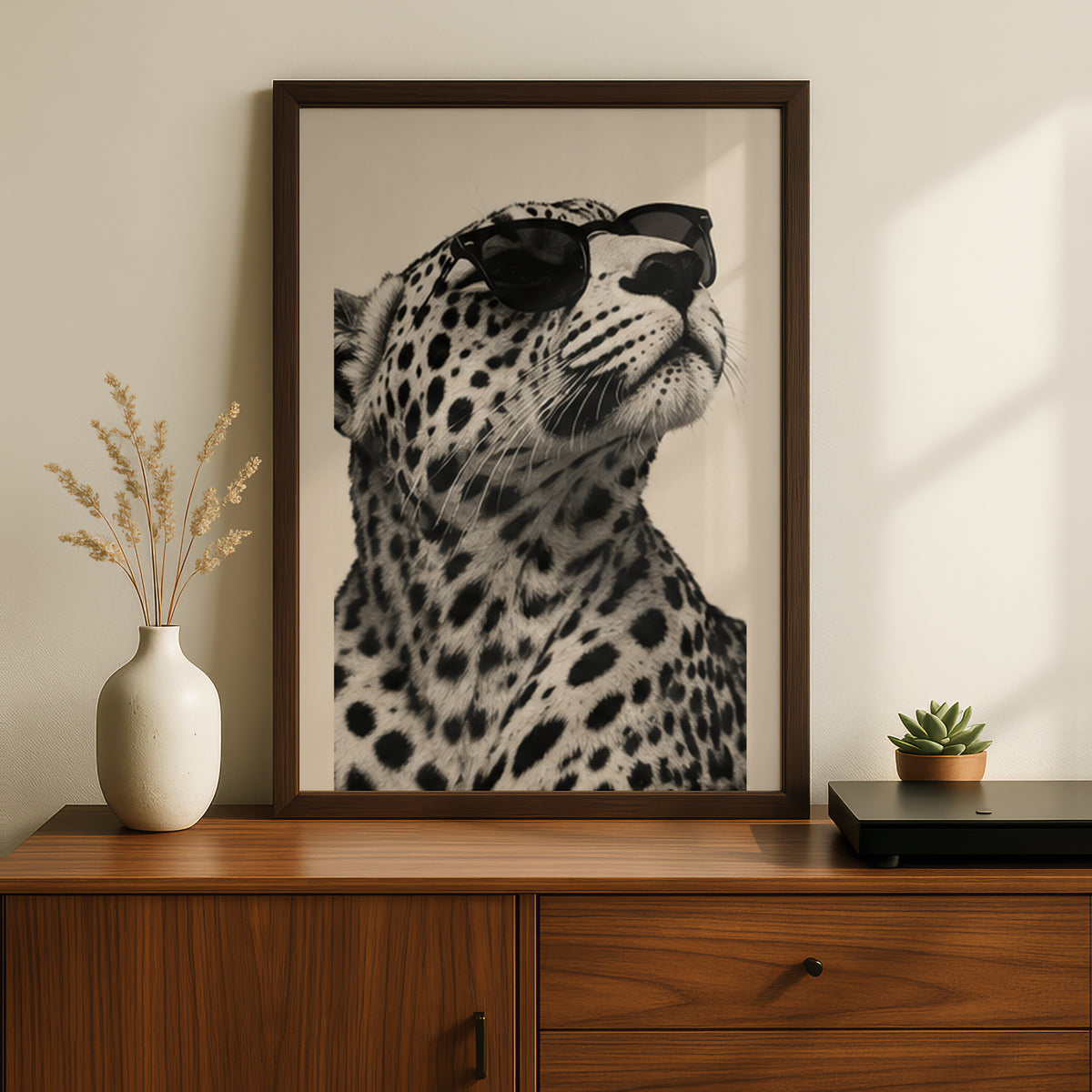 Leopard in Sunglasses Poster, Black and White Animal Wall Art, Sepia Cream Safari Print for Living — styling mockup 2