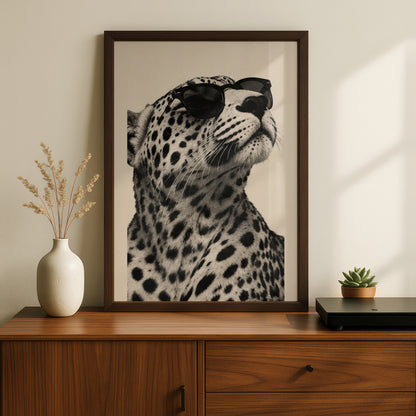 Leopard in Sunglasses Poster, Black and White Animal Wall Art, Sepia Cream Safari Print for Living — styling mockup 2