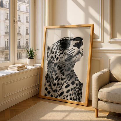 Leopard in Sunglasses Poster, Black and White Animal Wall Art, Sepia Cream Safari Print for Living — styling mockup 4