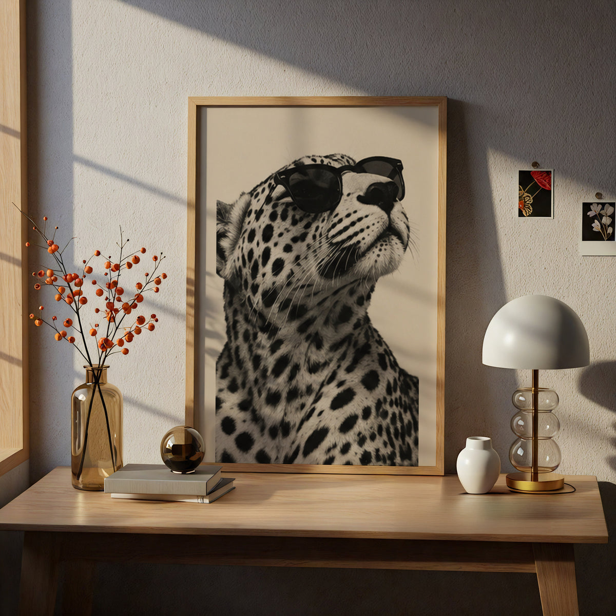 Leopard in Sunglasses Poster, Black and White Animal Wall Art, Sepia Cream Safari Print for Living — styling mockup 5