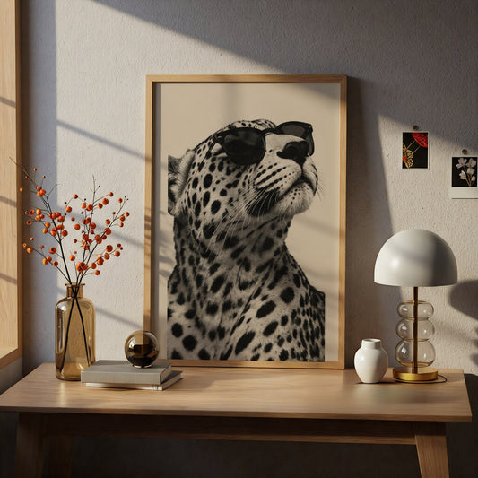 Leopard in Sunglasses Poster, Black and White Animal Wall Art, Sepia Cream Safari Print for Living — styling mockup 5