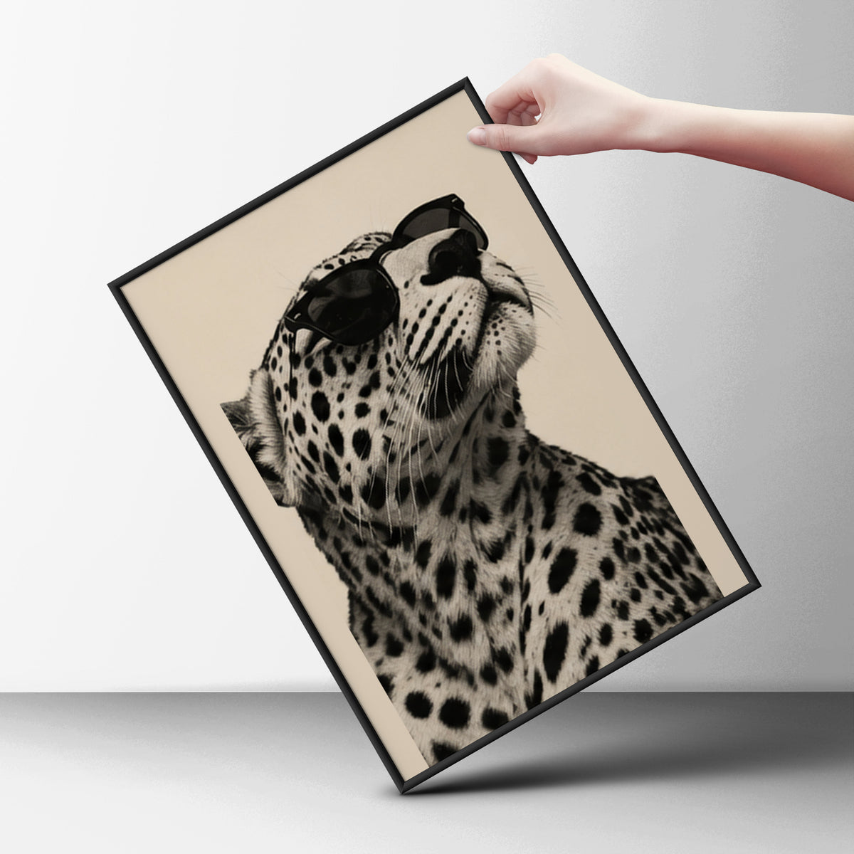 Leopard in Sunglasses Poster, Black and White Animal Wall Art, Sepia Cream Safari Print for Living — styling mockup 6
