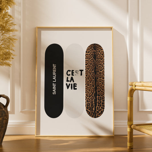 Skateboard Trio Wall Art, Leopard Print Poster, Black and White Fashion Art, Bedroom Decor — styling mockup 1