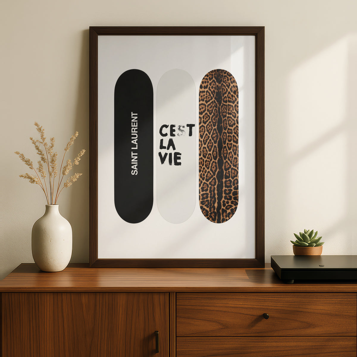 Skateboard Trio Wall Art, Leopard Print Poster, Black and White Fashion Art, Bedroom Decor — styling mockup 2