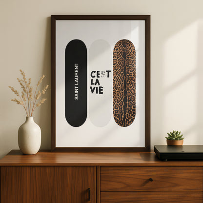 Skateboard Trio Wall Art, Leopard Print Poster, Black and White Fashion Art, Bedroom Decor — styling mockup 2