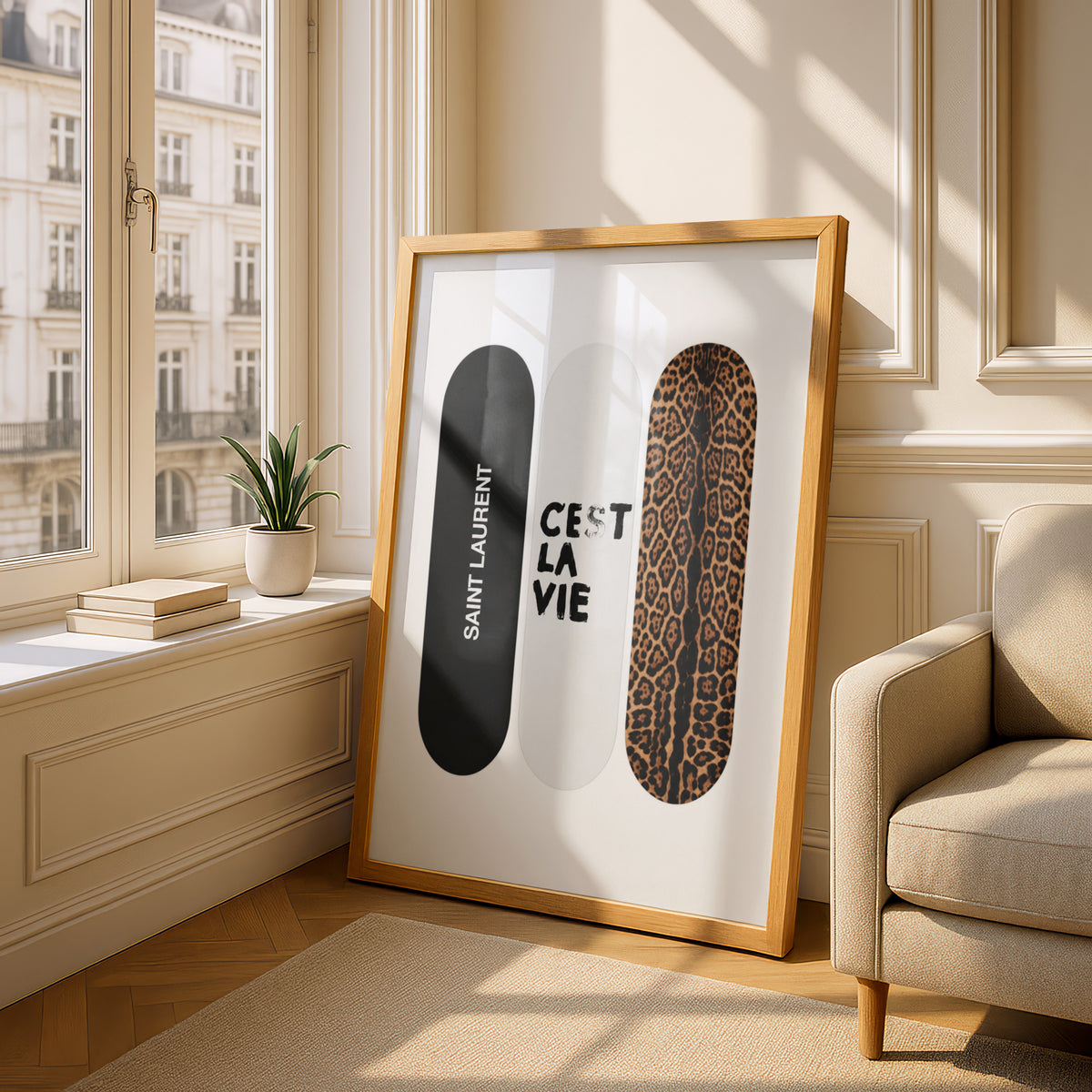 Skateboard Trio Wall Art, Leopard Print Poster, Black and White Fashion Art, Bedroom Decor — styling mockup 4