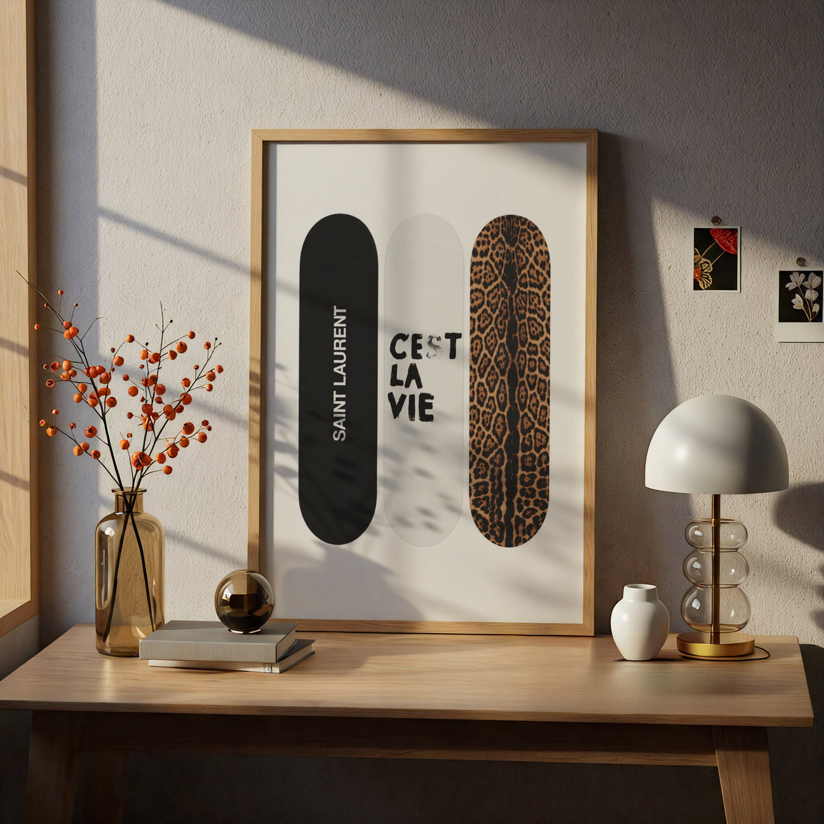 Skateboard Trio Wall Art, Leopard Print Poster, Black and White Fashion Art, Bedroom Decor — styling mockup 5