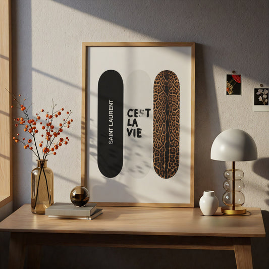 Skateboard Trio Wall Art, Leopard Print Poster, Black and White Fashion Art, Bedroom Decor — styling mockup 5