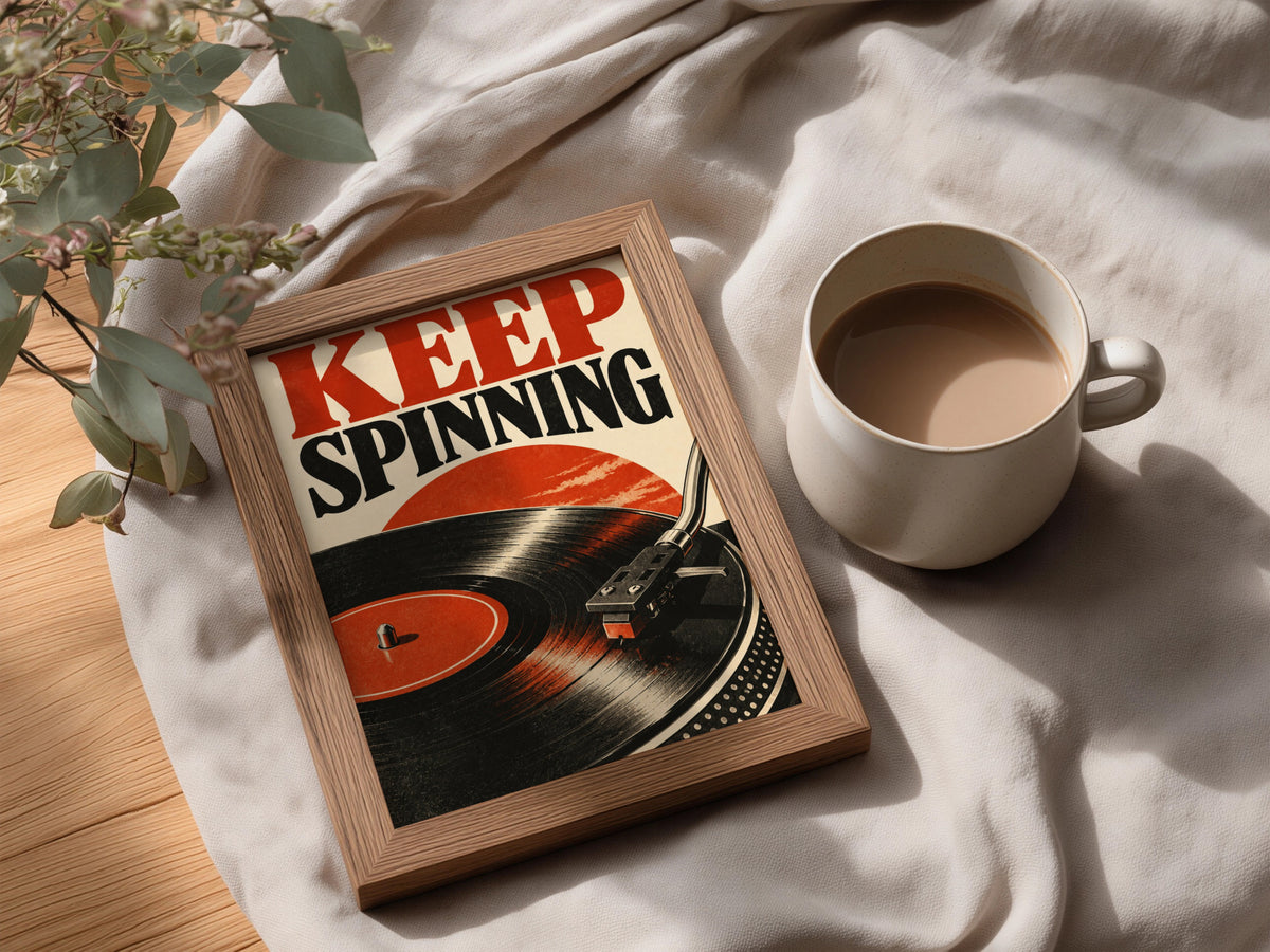 Keep Spinning Vinyl Record Poster, Retro Turntable Wall Art, Red Black Music Print — styling mockup 3