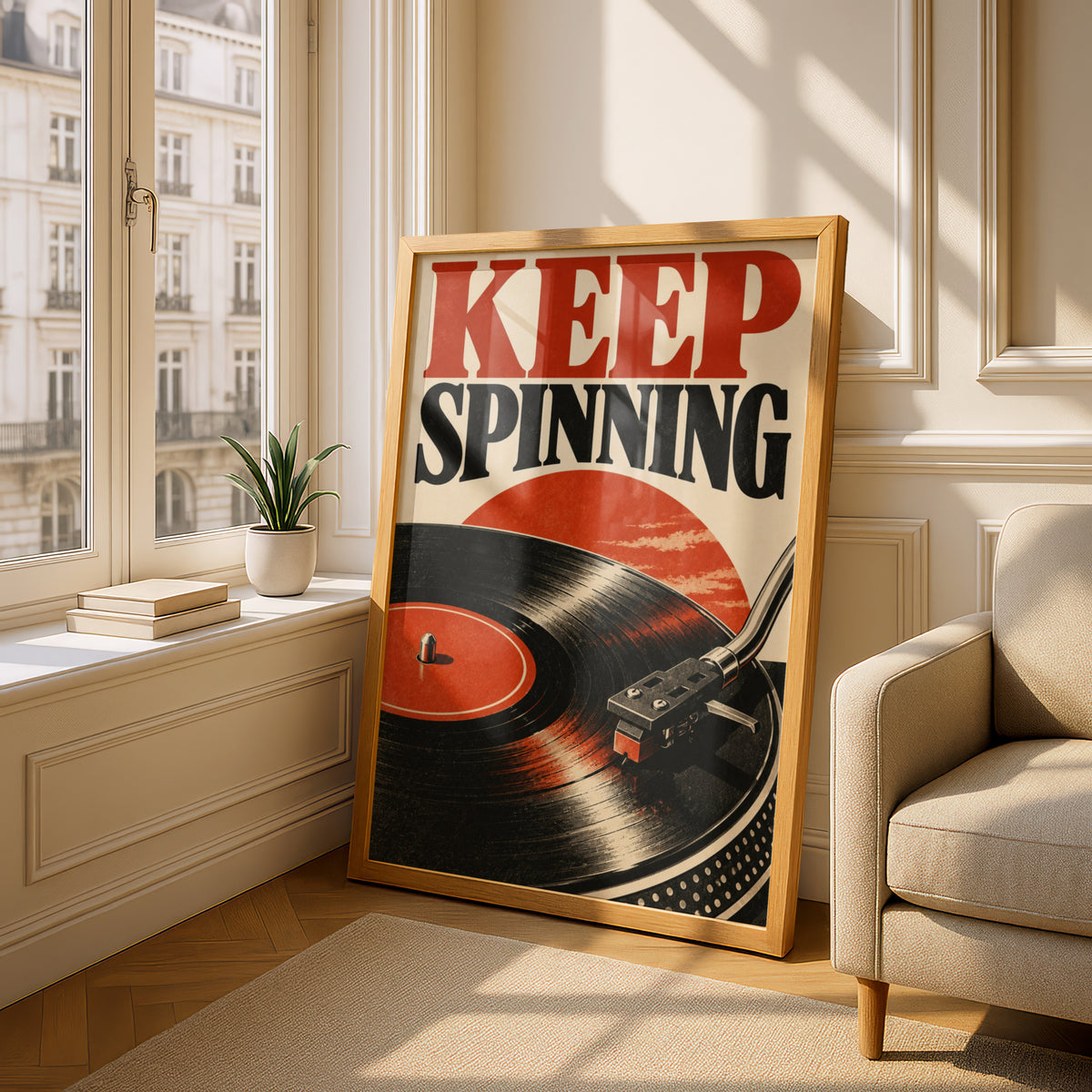 Keep Spinning Vinyl Record Poster, Retro Turntable Wall Art, Red Black Music Print — styling mockup 4