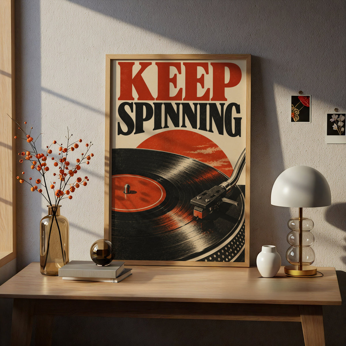 Keep Spinning Vinyl Record Poster, Retro Turntable Wall Art, Red Black Music Print — styling mockup 5