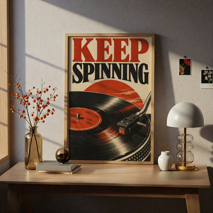 Keep Spinning Vinyl Record Poster, Retro Turntable Wall Art, Red Black Music Print — styling mockup 5