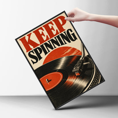 Keep Spinning Vinyl Record Poster, Retro Turntable Wall Art, Red Black Music Print — styling mockup 6
