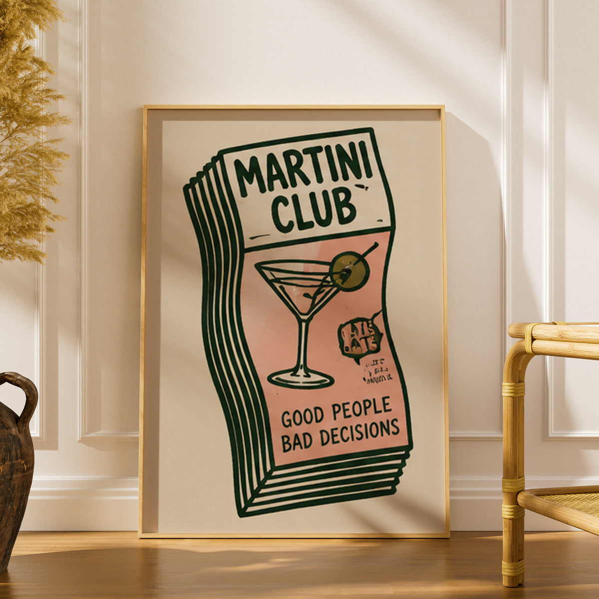 Martini Club Poster, Retro Cocktail Wall Art, Pink and Green Bar Cart Print, Kitchen Decor — styling mockup 1