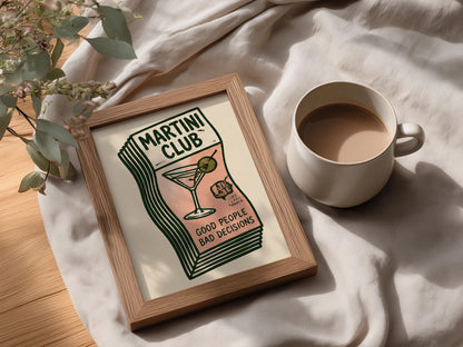 Martini Club Poster, Retro Cocktail Wall Art, Pink and Green Bar Cart Print, Kitchen Decor — styling mockup 3