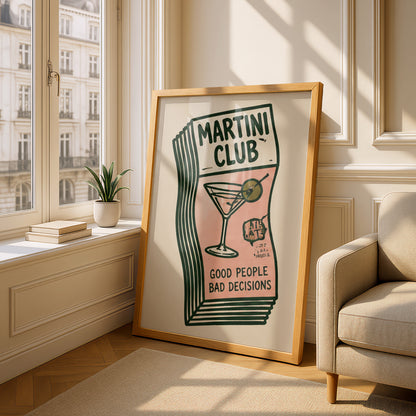 Martini Club Poster, Retro Cocktail Wall Art, Pink and Green Bar Cart Print, Kitchen Decor — styling mockup 4