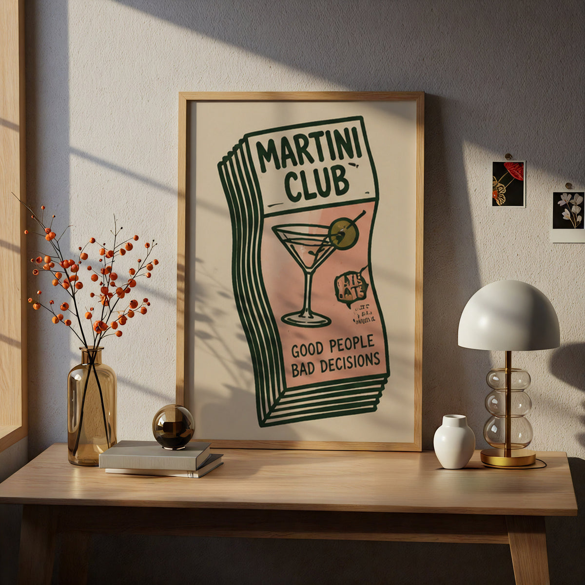 Martini Club Poster, Retro Cocktail Wall Art, Pink and Green Bar Cart Print, Kitchen Decor — styling mockup 5