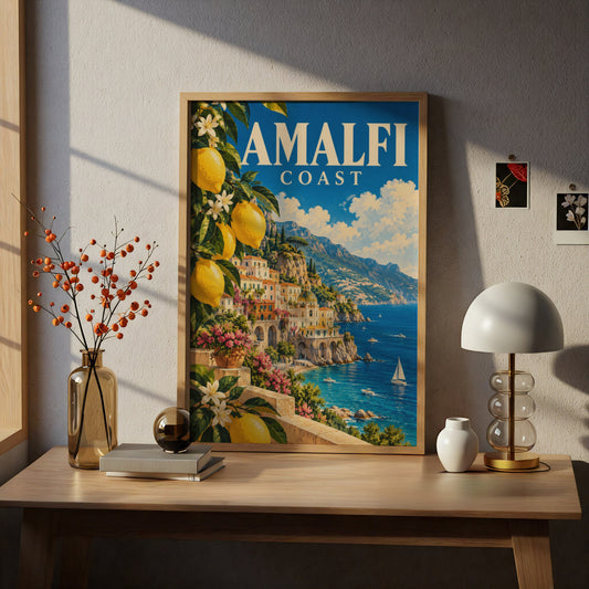 Amalfi Coast Poster, Italian Travel Wall Art, Vintage Lemon Print, Mediterranean Seaside Decor — styling mockup 5