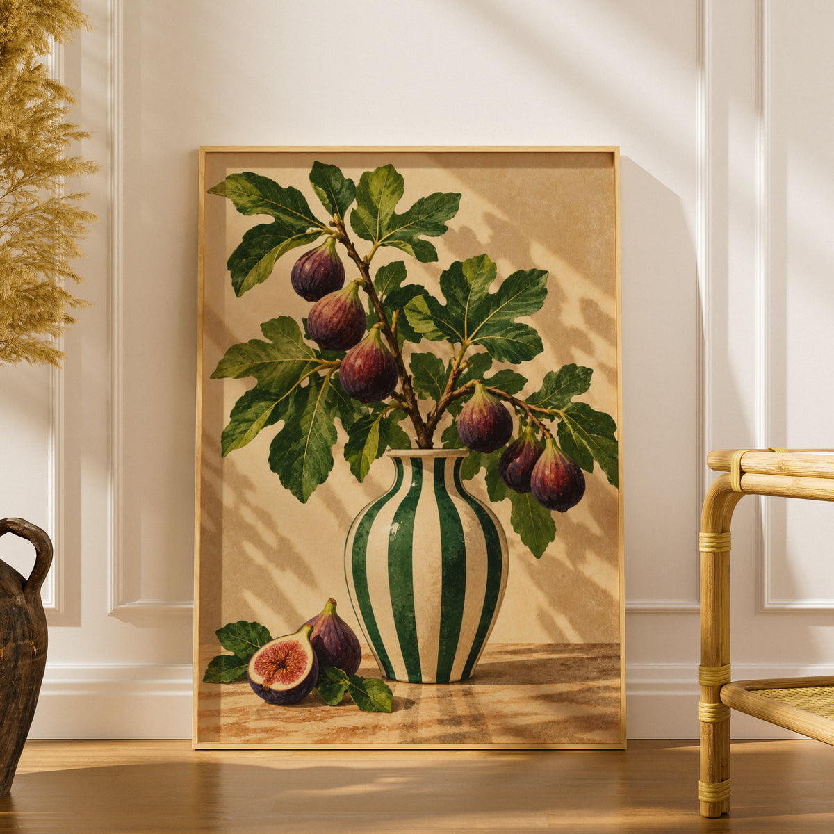 Fig Branch Still Life Poster, Botanical Kitchen Wall Art, Green Striped Vase Art Print — styling mockup 1
