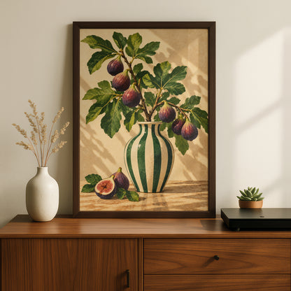 Fig Branch Still Life Poster, Botanical Kitchen Wall Art, Green Striped Vase Art Print — styling mockup 2