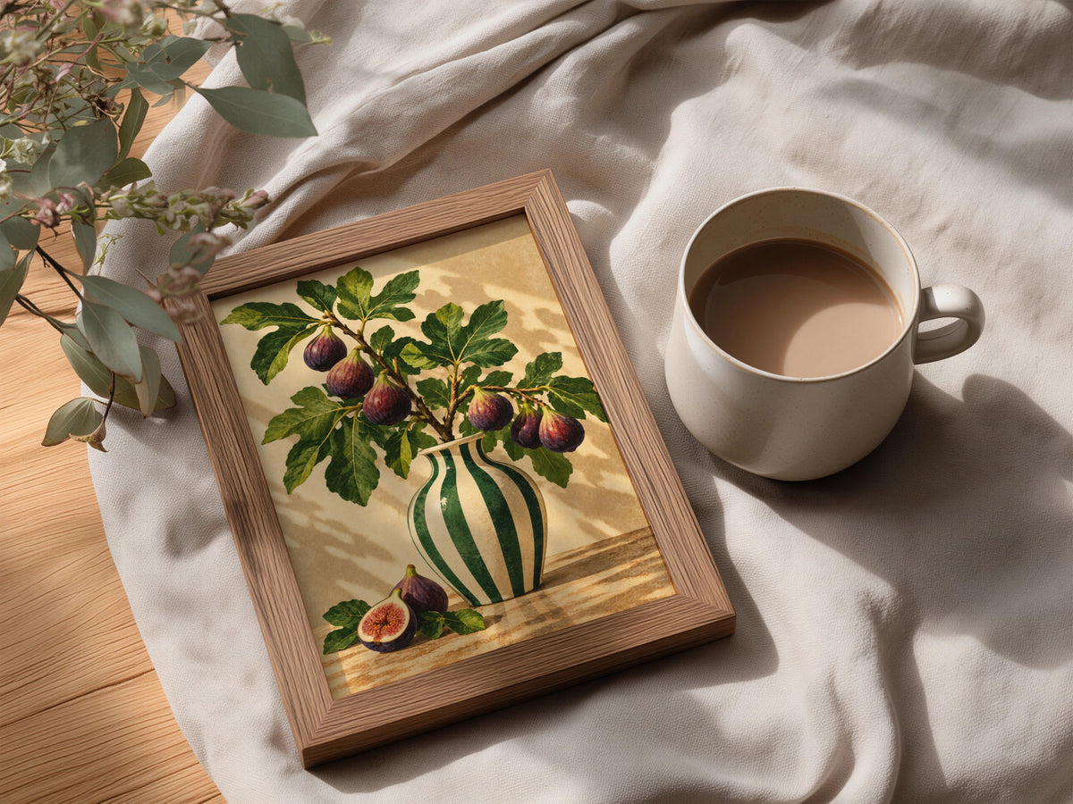 Fig Branch Still Life Poster, Botanical Kitchen Wall Art, Green Striped Vase Art Print — styling mockup 3