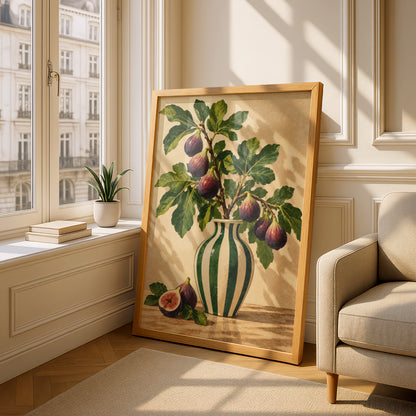 Fig Branch Still Life Poster, Botanical Kitchen Wall Art, Green Striped Vase Art Print — styling mockup 4