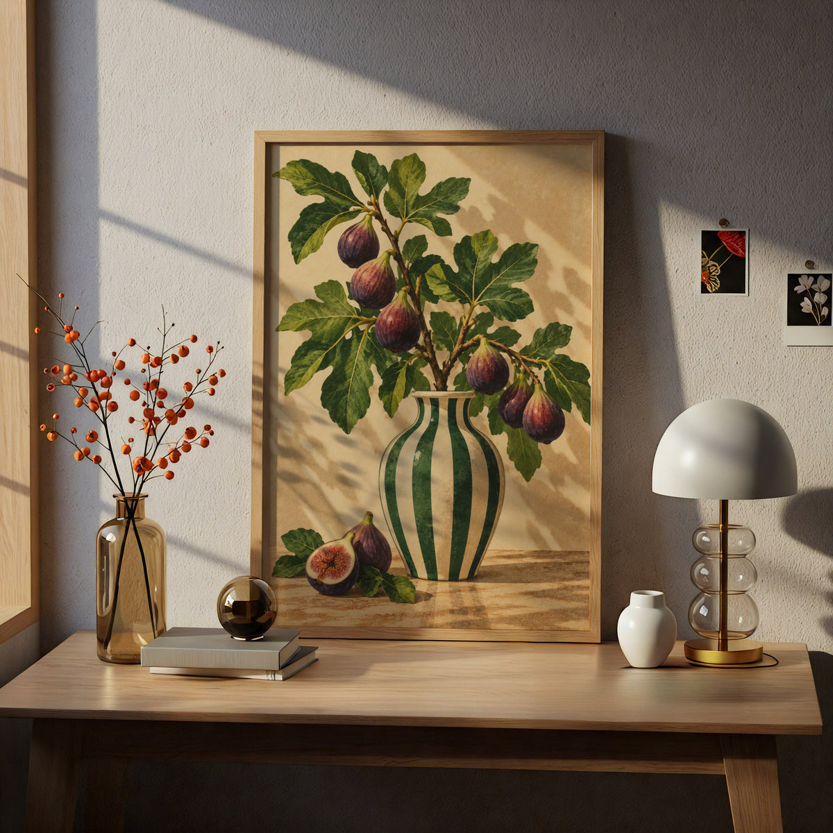 Fig Branch Still Life Poster, Botanical Kitchen Wall Art, Green Striped Vase Art Print — styling mockup 5
