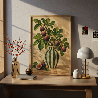 Fig Branch Still Life Poster, Botanical Kitchen Wall Art, Green Striped Vase Art Print — styling mockup 5