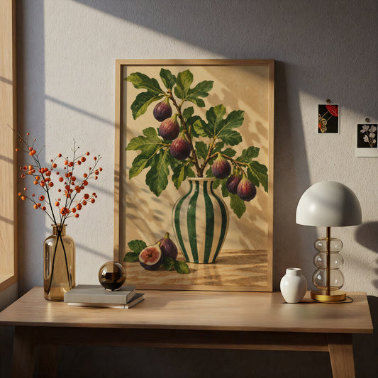 Fig Branch Still Life Poster, Botanical Kitchen Wall Art, Green Striped Vase Art Print — styling mockup 5