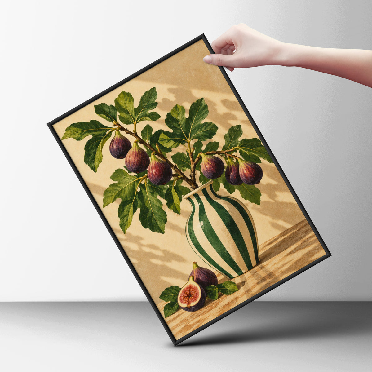 Fig Branch Still Life Poster, Botanical Kitchen Wall Art, Green Striped Vase Art Print — styling mockup 6