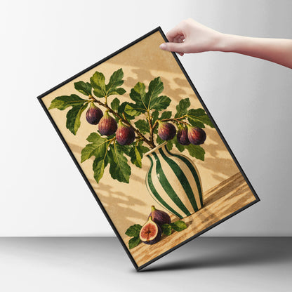 Fig Branch Still Life Poster, Botanical Kitchen Wall Art, Green Striped Vase Art Print — styling mockup 6