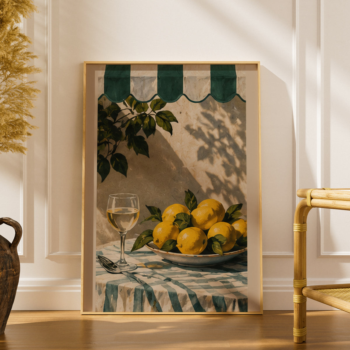 Lemons and Wine Poster, Mediterranean Kitchen Wall Art, Green Awning Still Life Art Print — styling mockup 1