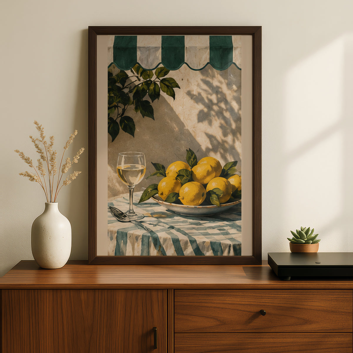 Lemons and Wine Poster, Mediterranean Kitchen Wall Art, Green Awning Still Life Art Print — styling mockup 2