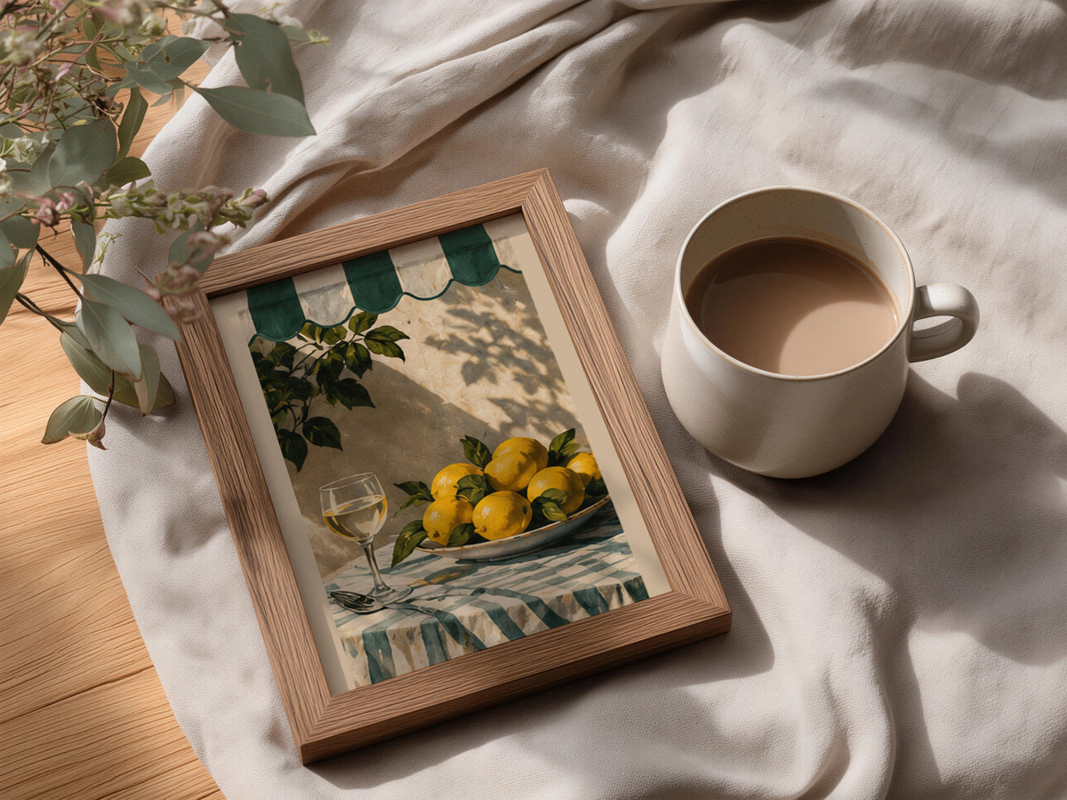 Lemons and Wine Poster, Mediterranean Kitchen Wall Art, Green Awning Still Life Art Print — styling mockup 3