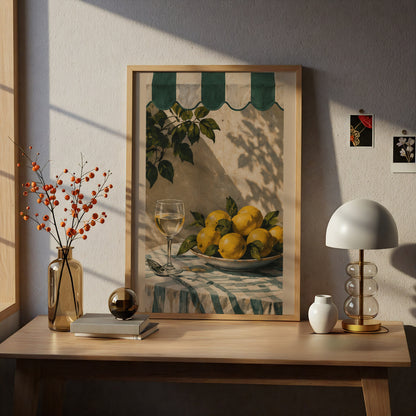 Lemons and Wine Poster, Mediterranean Kitchen Wall Art, Green Awning Still Life Art Print — styling mockup 5