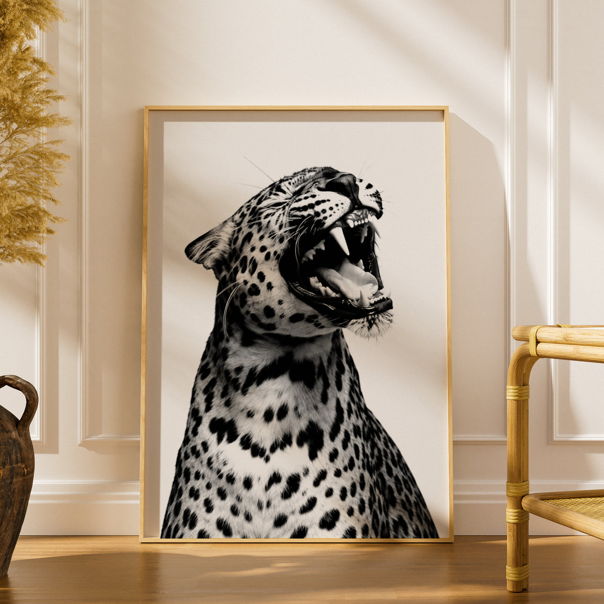 Roaring Leopard Poster, Black and White Wall Art, Animal Art Print, Monochrome Wildlife Photography — styling mockup 1