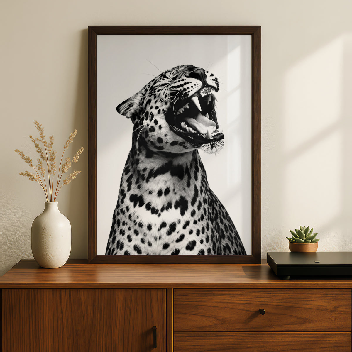 Roaring Leopard Poster, Black and White Wall Art, Animal Art Print, Monochrome Wildlife Photography — styling mockup 2