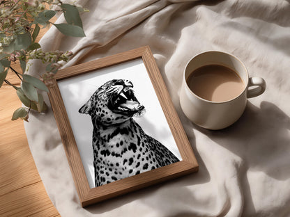 Roaring Leopard Poster, Black and White Wall Art, Animal Art Print, Monochrome Wildlife Photography — styling mockup 3