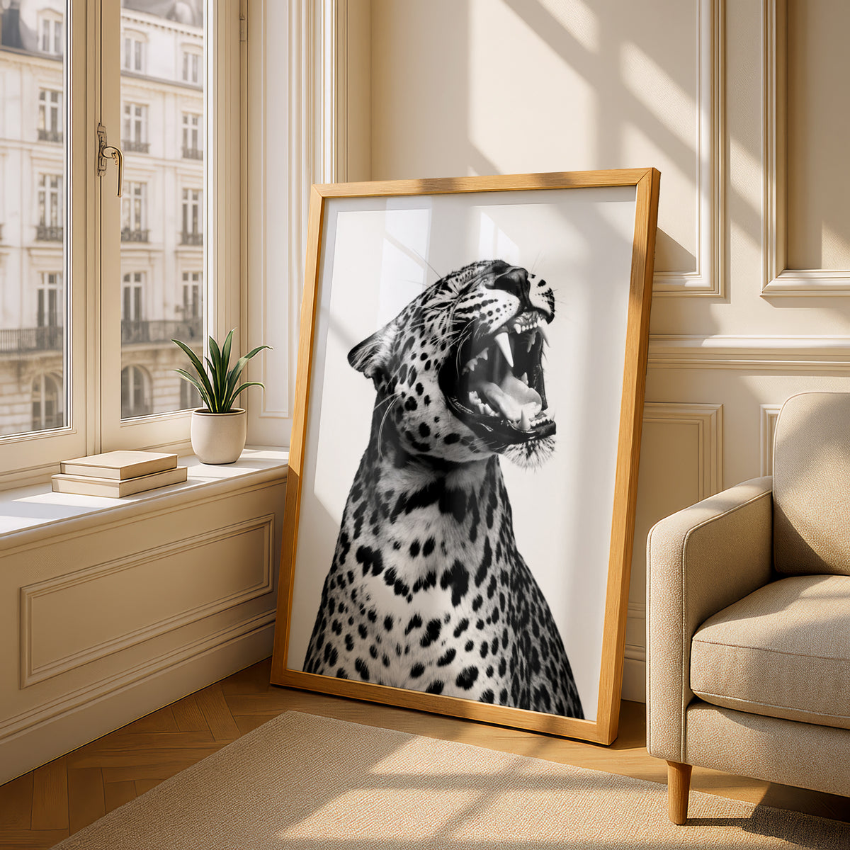 Roaring Leopard Poster, Black and White Wall Art, Animal Art Print, Monochrome Wildlife Photography — styling mockup 4