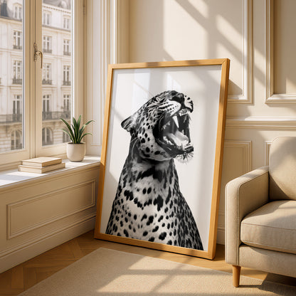 Roaring Leopard Poster, Black and White Wall Art, Animal Art Print, Monochrome Wildlife Photography — styling mockup 4