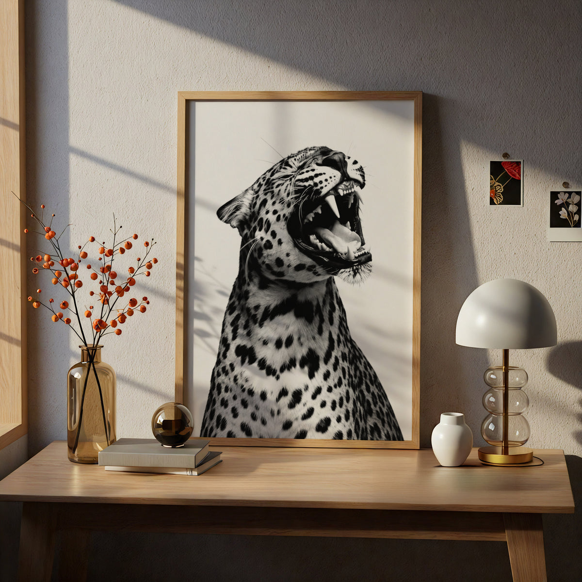 Roaring Leopard Poster, Black and White Wall Art, Animal Art Print, Monochrome Wildlife Photography — styling mockup 5